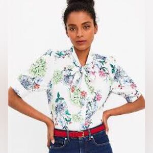 LOFT White and Red Casual Button Down Shirt Floral Design